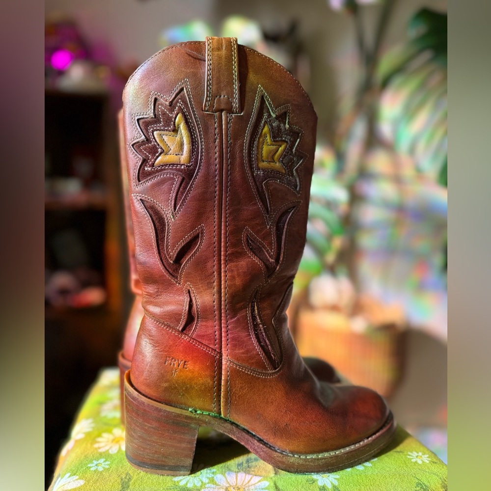 Frye Brown Leather Western Heeled Boots with Yellow Stitching - Picture 4 of 10